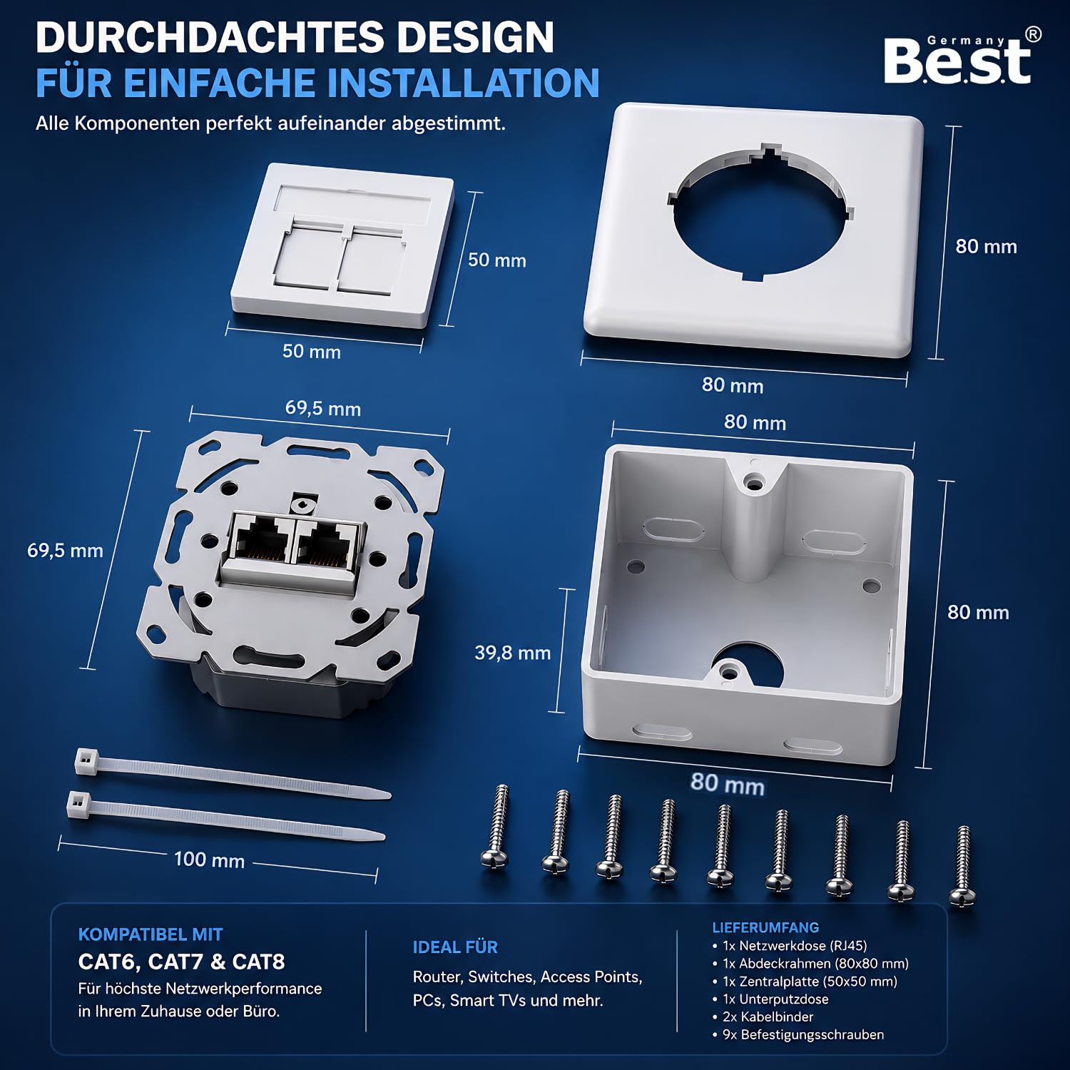 Lot de 4 prises réseau universelles CAT 6a en saillie et encastrées EIA/TIA 568A&B - 2 ports RJ45 - Compatible CAT6a, CAT7, CAT8 - Blanc
