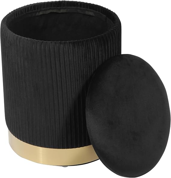 Tov Furniture Zoe Pleated Velvet Round Storage Ottoman (Black)