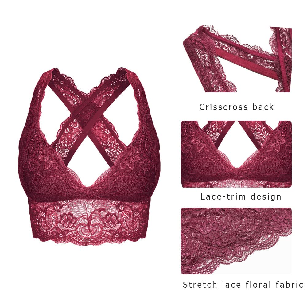 SHEKINI Elegante Reggiseni da Donna Bralette in Pizzo Floreale Bralette Reggiseno Comodo Reggiseno Incrociato con Imbottitura Rimovibile Sexy Lingerie