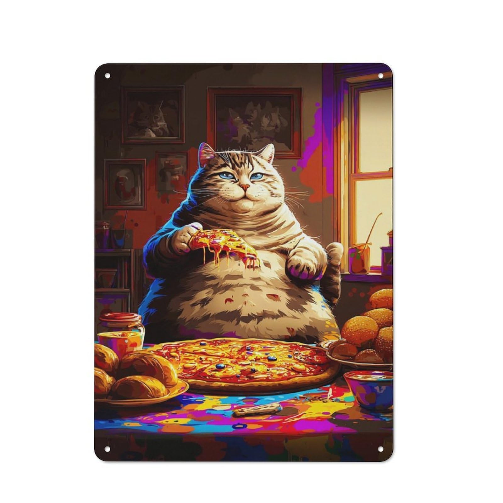 Junmoney Fat Cat Enjoying Pizza Party -1 Understated Decorative Metal Sign 40X30cm Featuring Study Room Decor For Workspace, Cafe, Shop Or Desk Area
