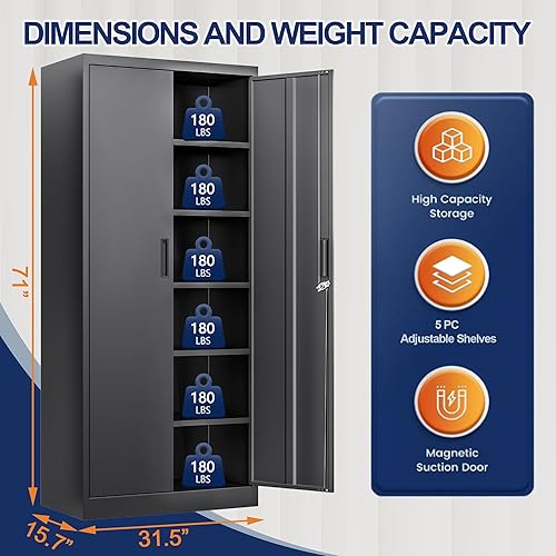 Miniatura 3 de BESFUR Armario de almacenamiento de metal de 71 pulgadas de alto con 5 estantes ajustables y puertas con cerradura, armario con bloqueo para garaje,