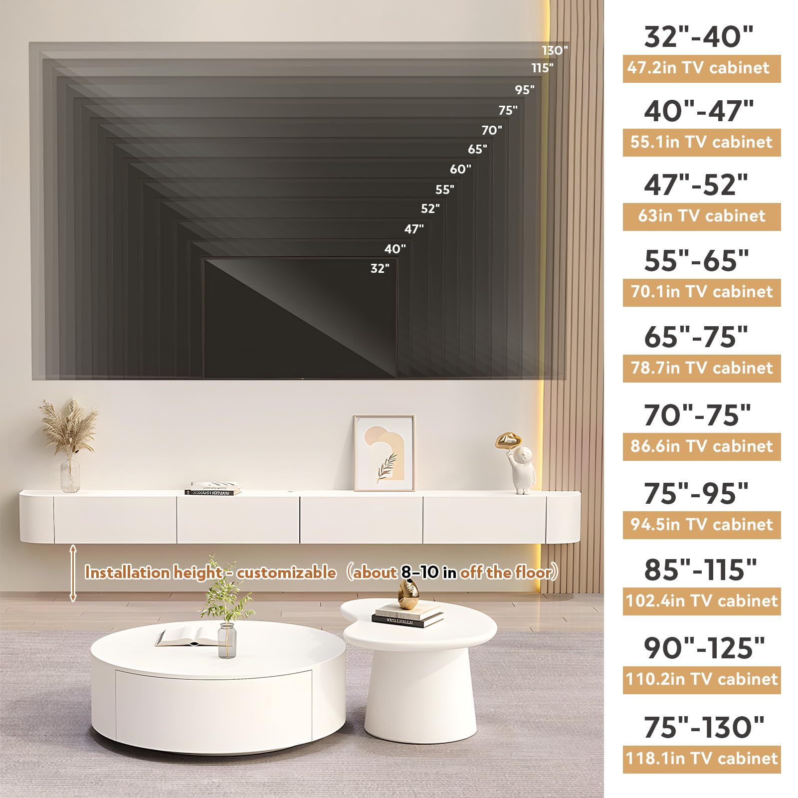 Pływający stojak na telewizor 119.9 cm do telewizorów 32-40 cali, montowany na ścianie, lite drewno, w pełni zmontowany, oszczędzający miejsce, zakrzywione krawędzie, otwierane drzwi, zarządzanie