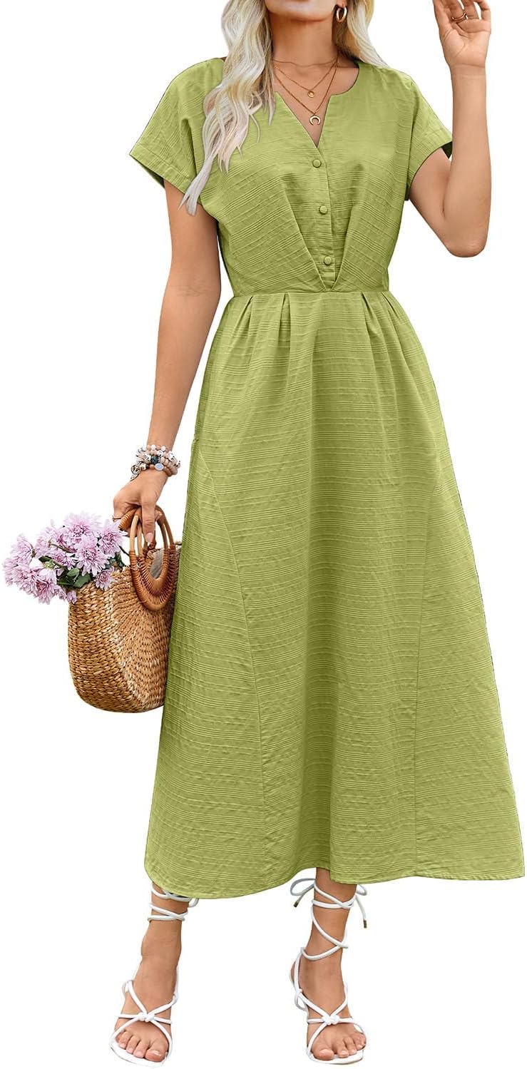ECOWISH Women Cotton Midi Dress: 2025 Button V Neck Casual Summer Dresses Short Sleeve A-Line Shirt Long Dress with Pockets