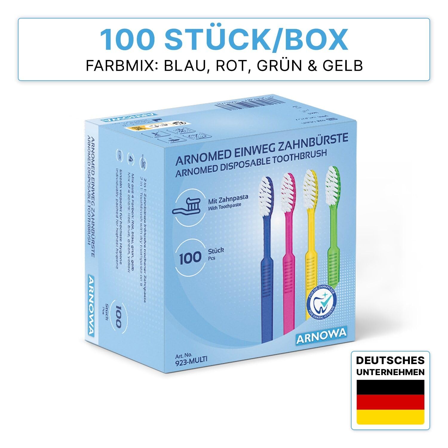 ARNOMED® Jednorazowe szczoteczki do zębów z pastą, szczoteczki indywidualnie pakowane, szczoteczka podróżna z suchą pastą miętową, higiena w podróży, 100 sztuk