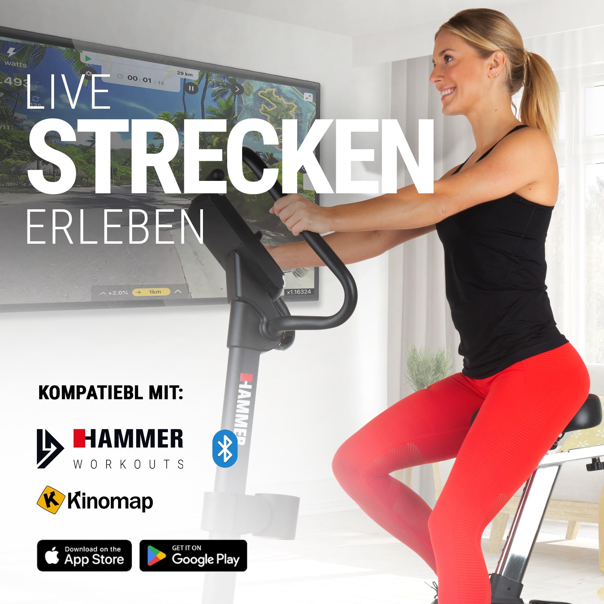HAMMER Ergometer Cardio Motion BT, leises Fitnessfahrrad mit tiefem Einstieg und Comfort-Sattel, geeignet als Heimtrainer für Senioren, Bluetooth und App-Steuerung, Tablethalterung, 110 x 52 x 140 cm