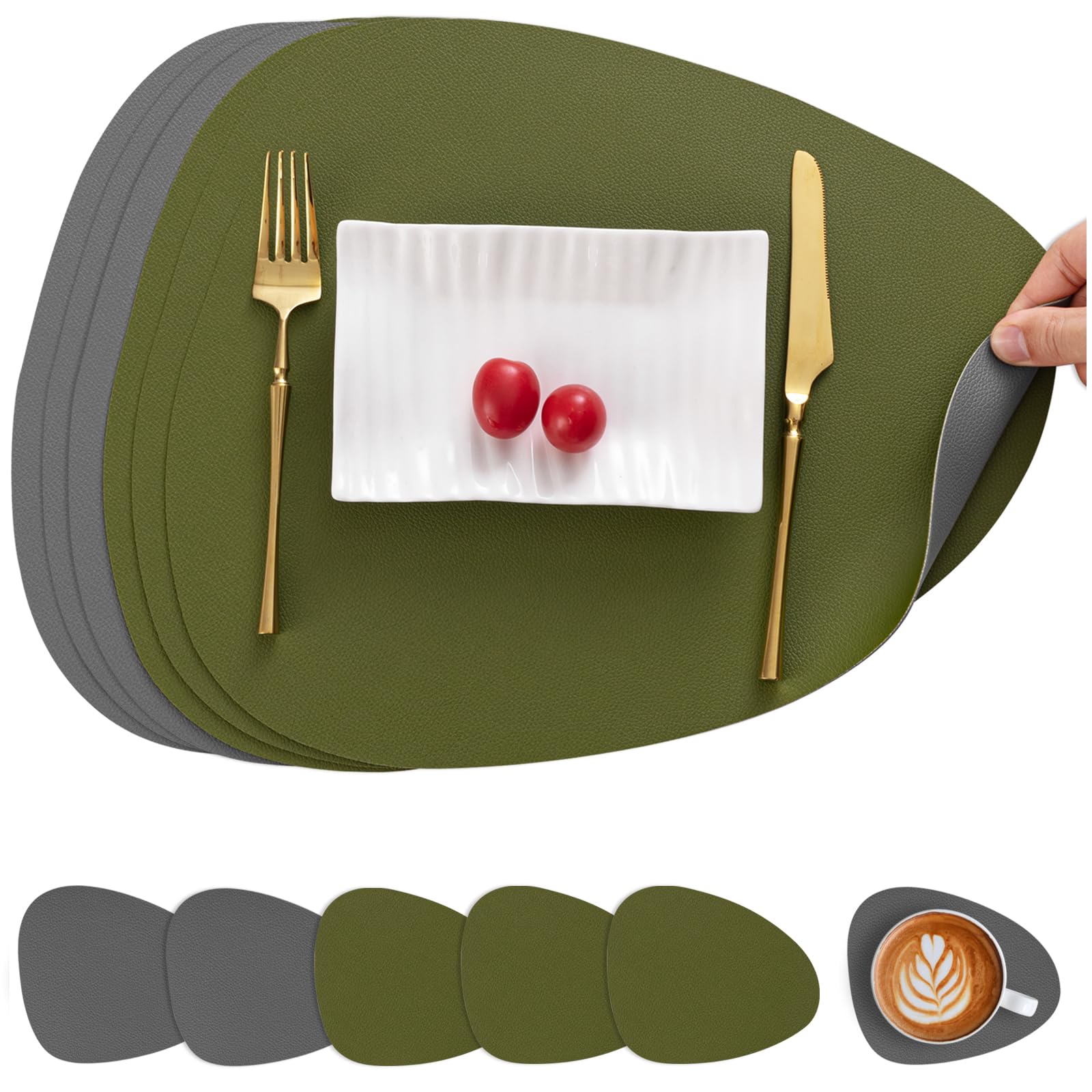 Myir JUN Tischsets Leder und Untersetzer, Tischsets Abwaschbar Rund Doppelseitigen rutschfest Platzdeckchen Leder Kunstleder Tischset Lederoptik Platzset