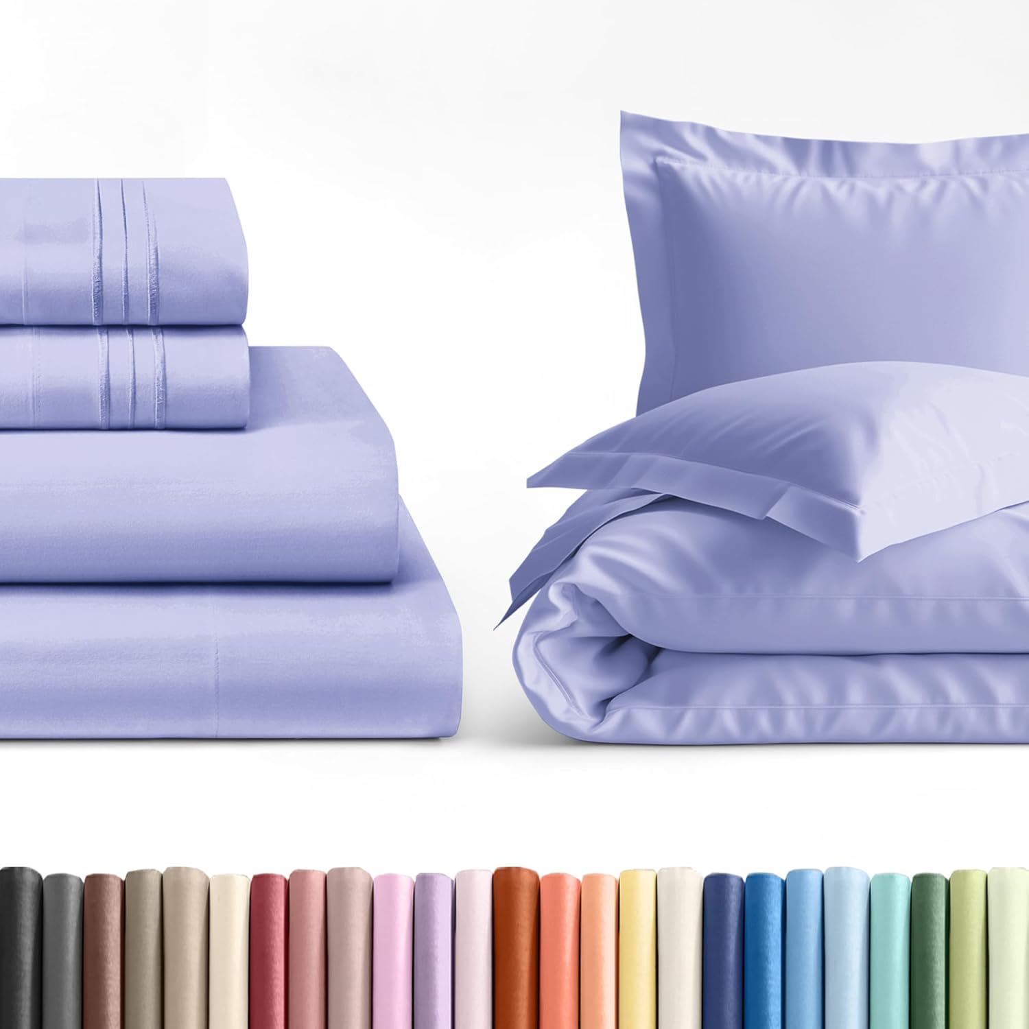 4pc Lavender Sheet Set with Duvet (Cal King Size) Bundle - Bed Set Includes Fitted Sheet, Flat Sheet, Duvet Cover & Pillow Cases/Shams - Hotel Luxury Quality Bedding - Breathable & Cooling Duvet Set