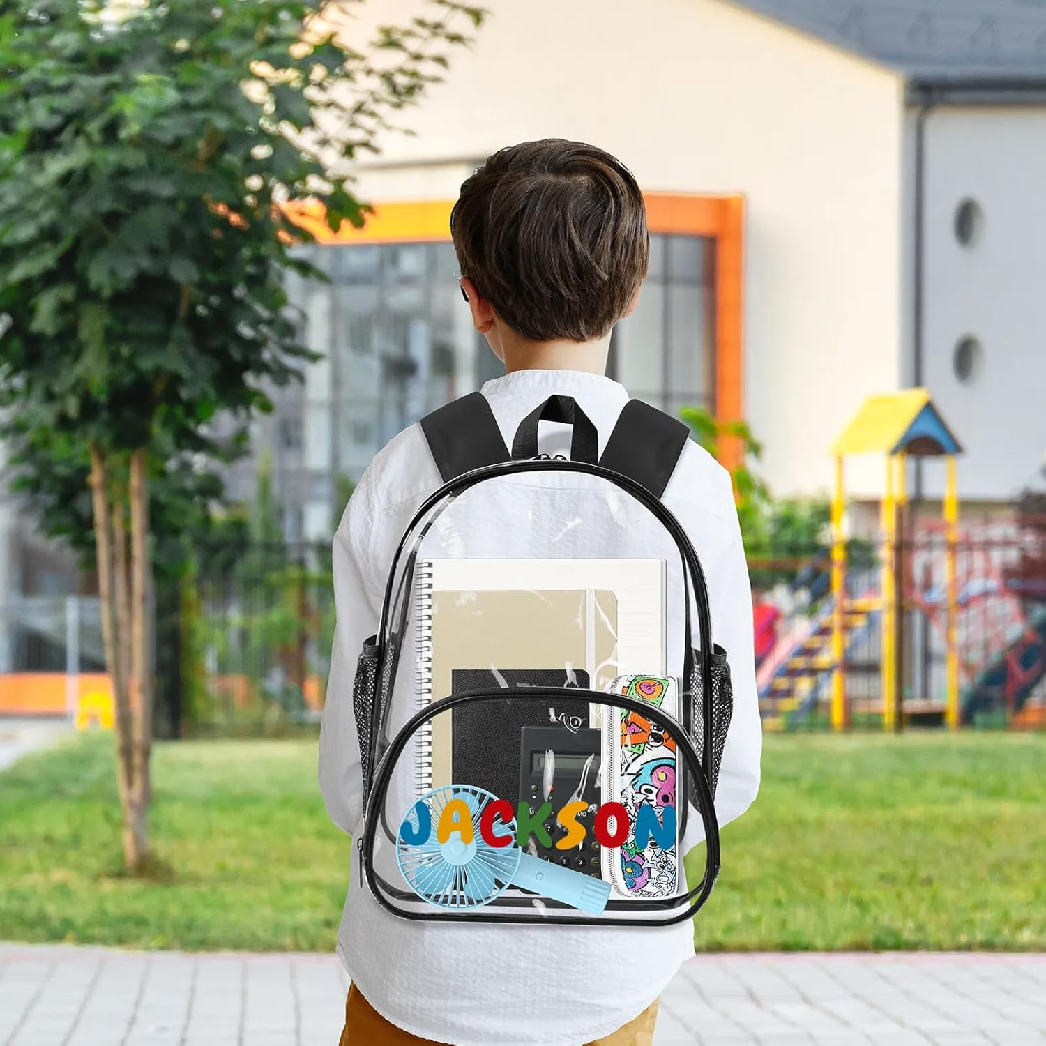 Clear Bookbag Personalized Name Transparent Black Backpack, Custom See Through Travel Sport Plastic Back Pack PVC with Reinforced Strap, Waterproof