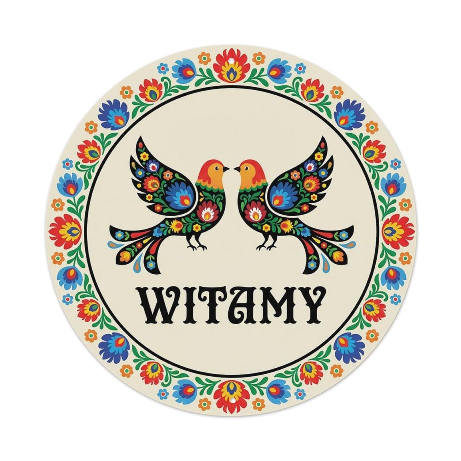 Vintage Polish Folk Art Witamy Welcome Bird Pair Metal Tin Sign
