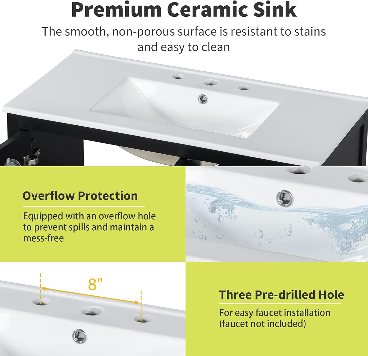 36" Bathroom Vanity with Single Sink Combo, Freestanding Bathroom Storage Cabinet with Ceramic Sink Solid Wood Bathroom Sink Cabinet with a Soft Close Glass Door, Adjustable Shelves and Three Drawers