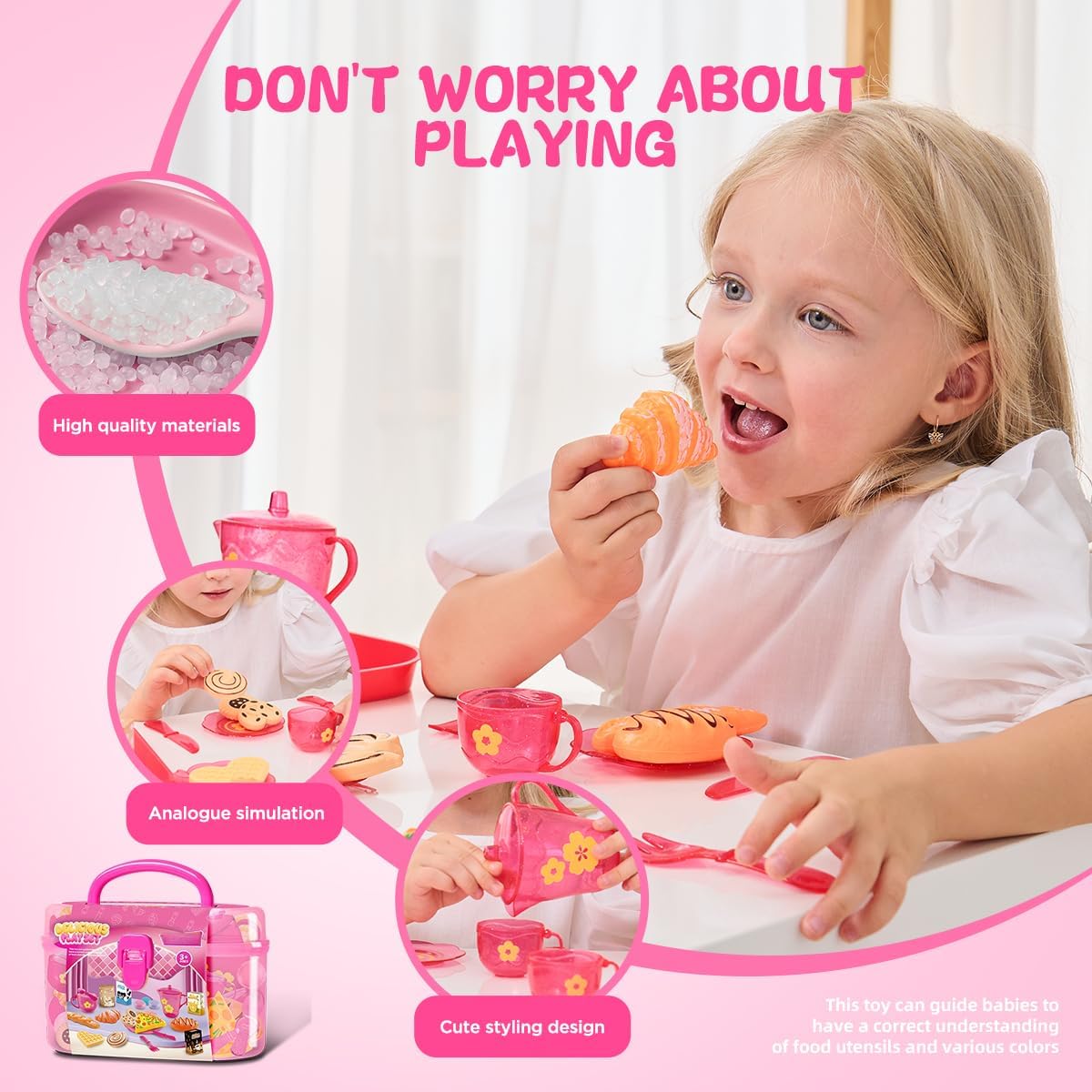 BEANGEL Tea Party Playset for Girls, Afternoon Tea Toy Set, Pretend Play Toy with Teapot, Desserts, Cookies, Bread, Pizza, Milk, Juice, Suitcase Storage Box, Ages 3-8