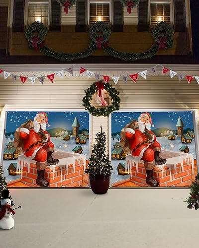 Miniatura 3 de Pancarta de Navidad para puerta de garaje, 7 x 8 pies, Papá Noel de Navidad con regalos, decoración de puerta de garaje, decoración de fondo de