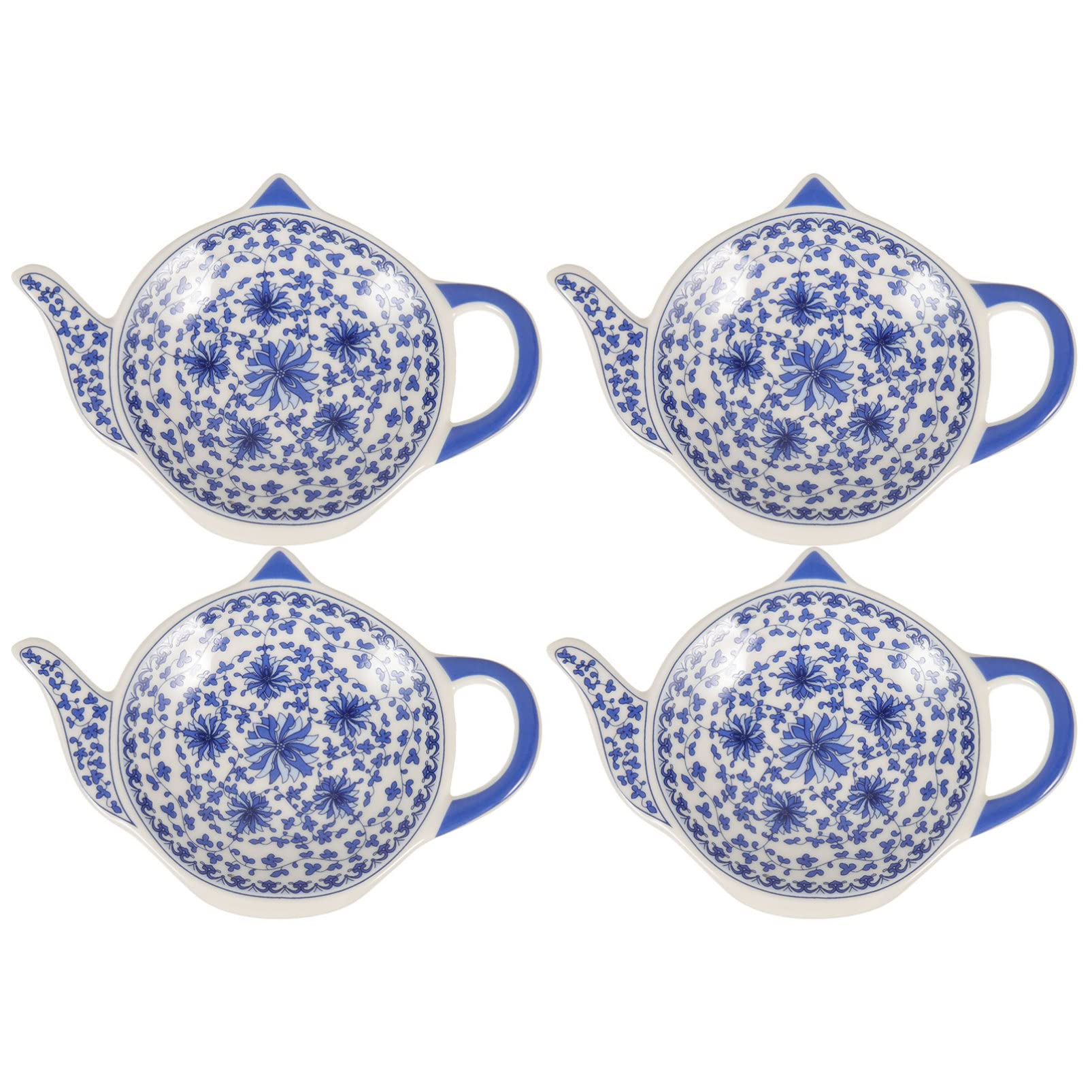 Garneck 4Pcs Teapot Shaped Tea Bag Coasters & Holders - Porcelain Tea Bag Rests and Dishes for Used Tea Bags - Snack Plates and Seasoning Dishes in Elegant Blue for Kitchen Counter and