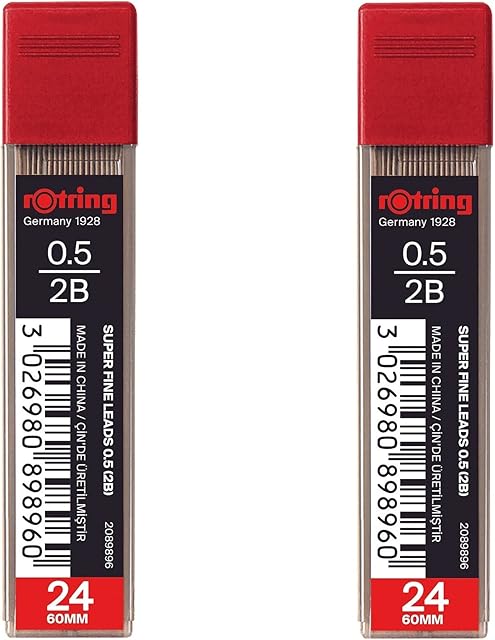 rOtring 0.5mm 2B Super Polymer Pencil Lead - 48 Leads in Total - Pack of 2 Tubes - Refills for Mechanical Pencils