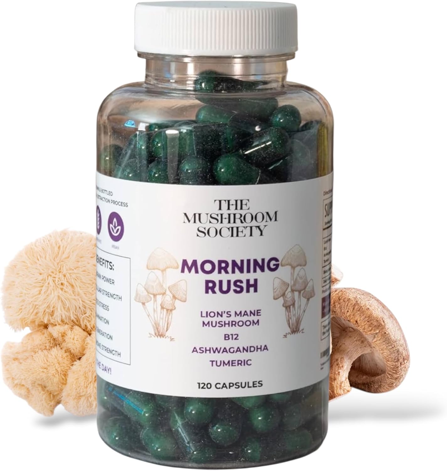 Morning Rush - Lion’s Mane, Ashwagandha, Turmeric & B12 Extract Blend - Mushroom Supplement for Focus & Energy Support - 120 Vegan Capsules
