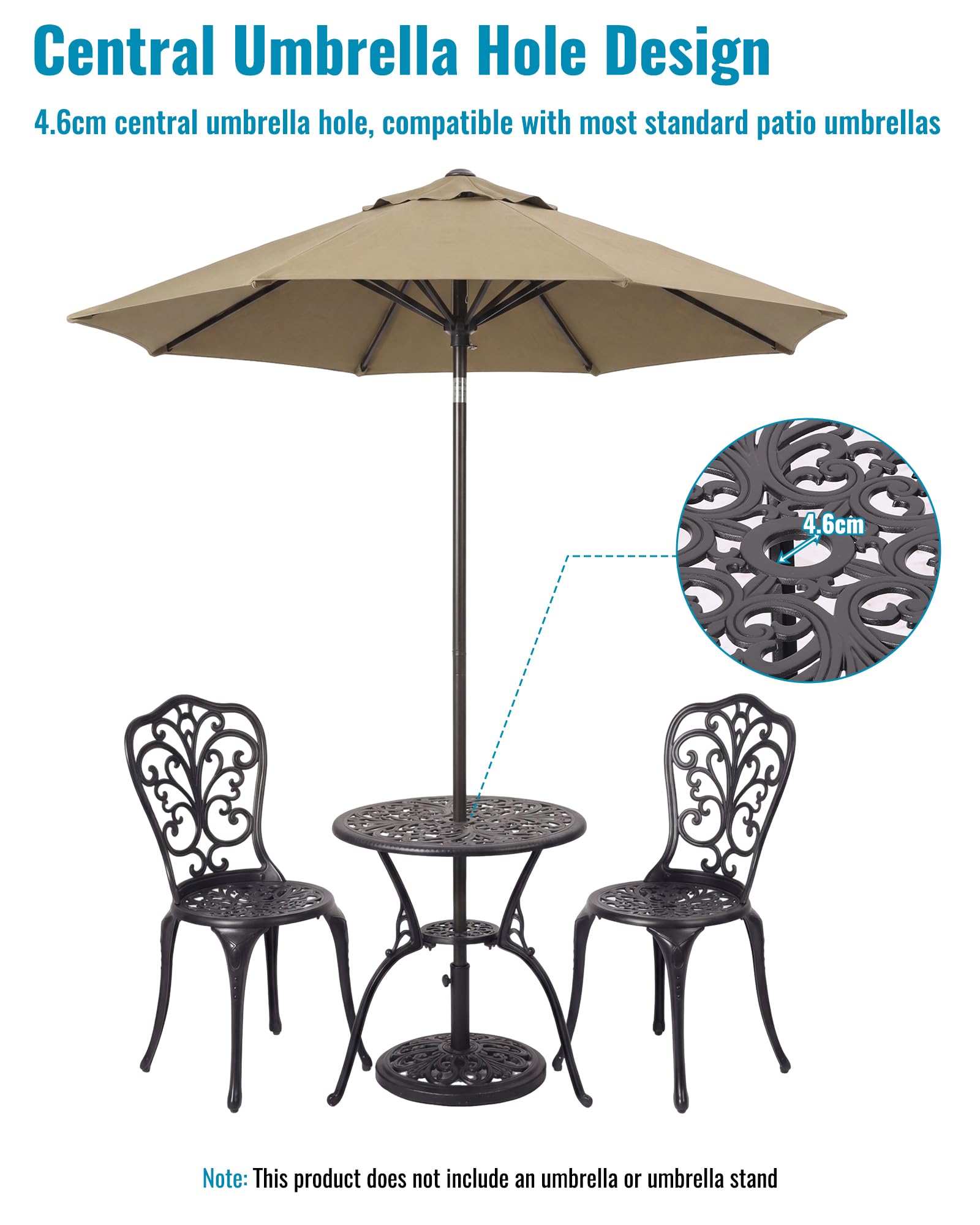 Set Tavolo e Sedie da Giardino 3 Pezzi in Alluminio Pressofuso, Set Bistrò da Esterno Antiruggine per Balcone, Veranda e Patio, Design Vintage con Motivo a Vite, Nero