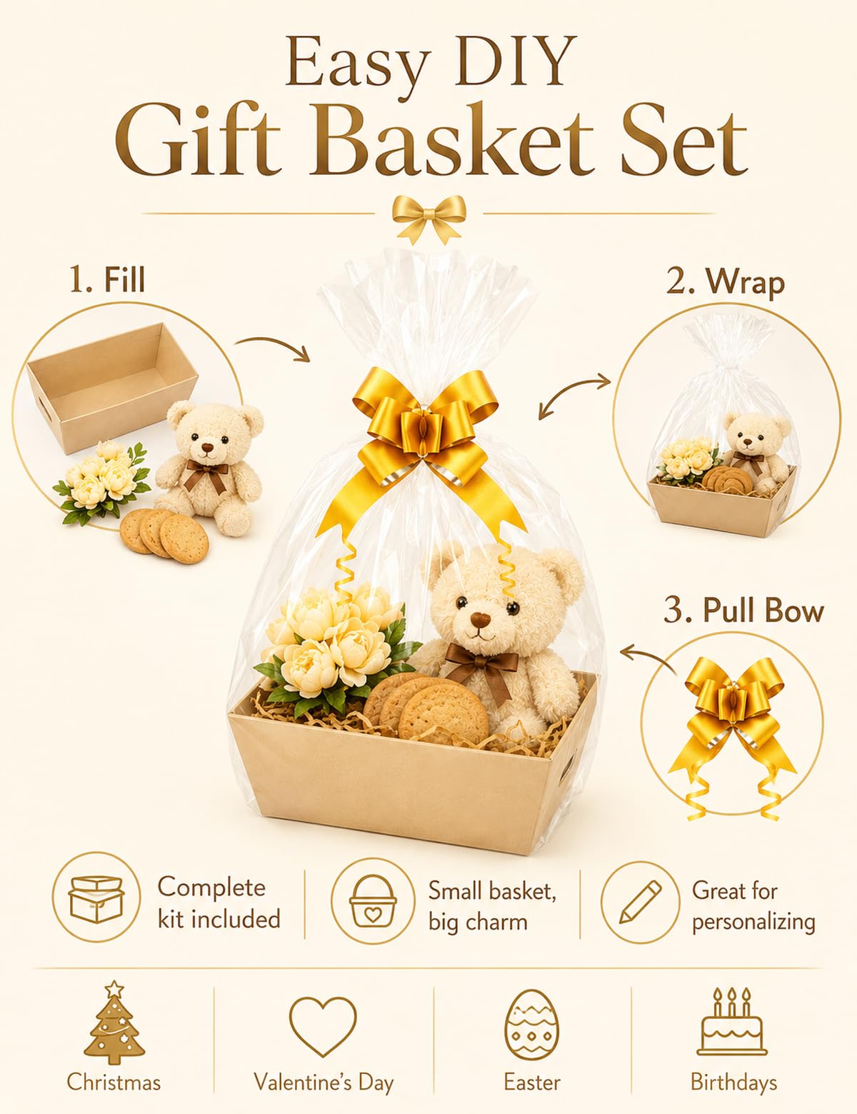 Set di 44 cesti regalo vuoti, 12 cestini per regali, vuoti, con manici, 16 sacchetti in cellophane e 16 fiocchi, per Natale, Ringraziamento, Pasqua, compleanno, festa di nozze, 25 x 17 x 7 cm