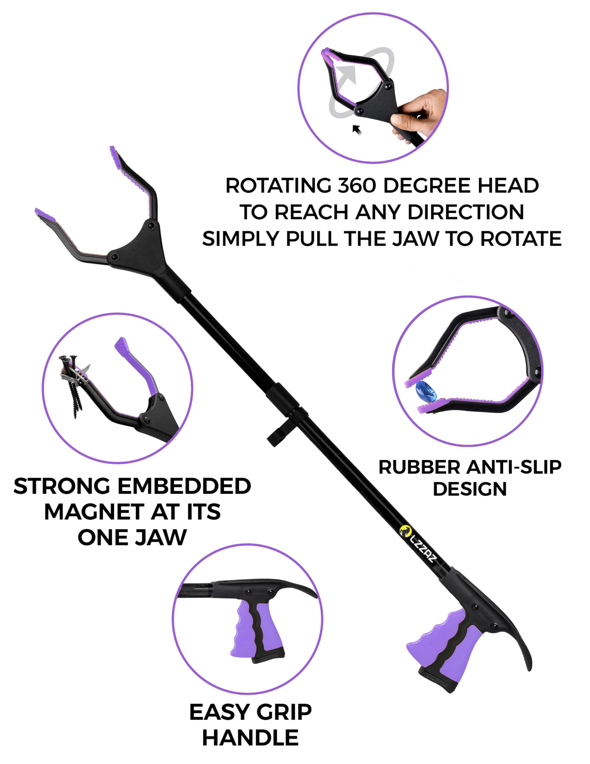 Ramasse-litière de qualité supérieure avec chausse-pied, bâton de préhension de 81 cm, tête rotative à 360°, aide à la mobilité pour adultes et handicapés (81,3 cm, violet).