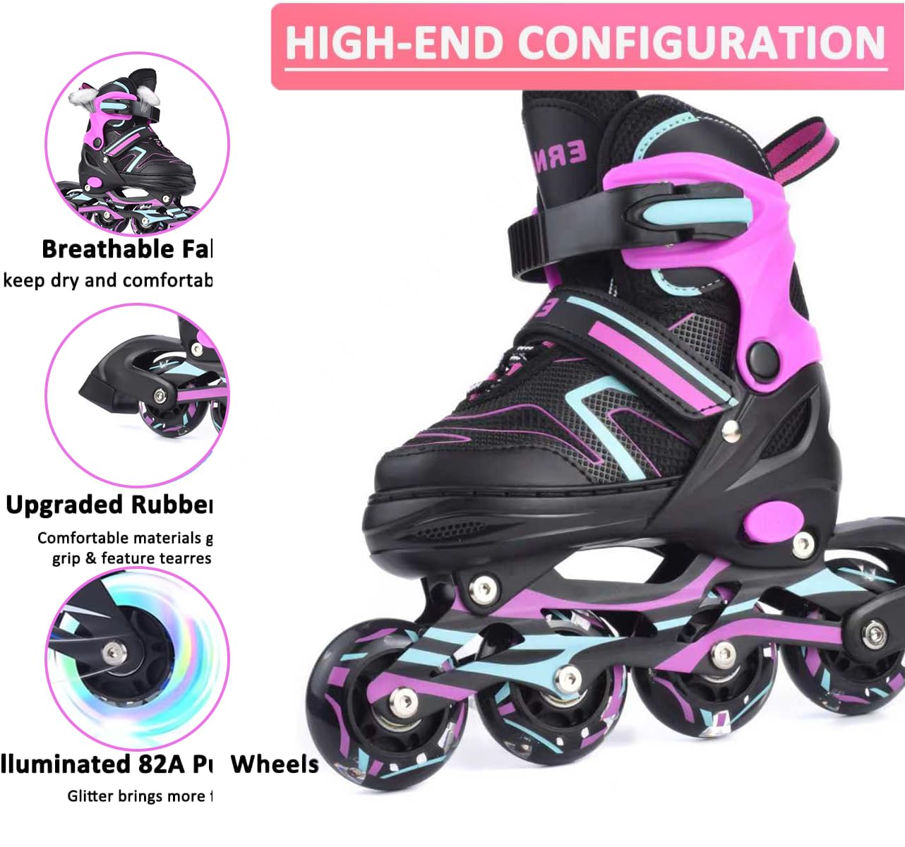 ERNAN Verstellbar Inliner für Kinder. Inline Skates,Verstellbare 4 Größen Inline Skates für Mädchen/Kinder/Jungen,für den Innen und Außenbereich