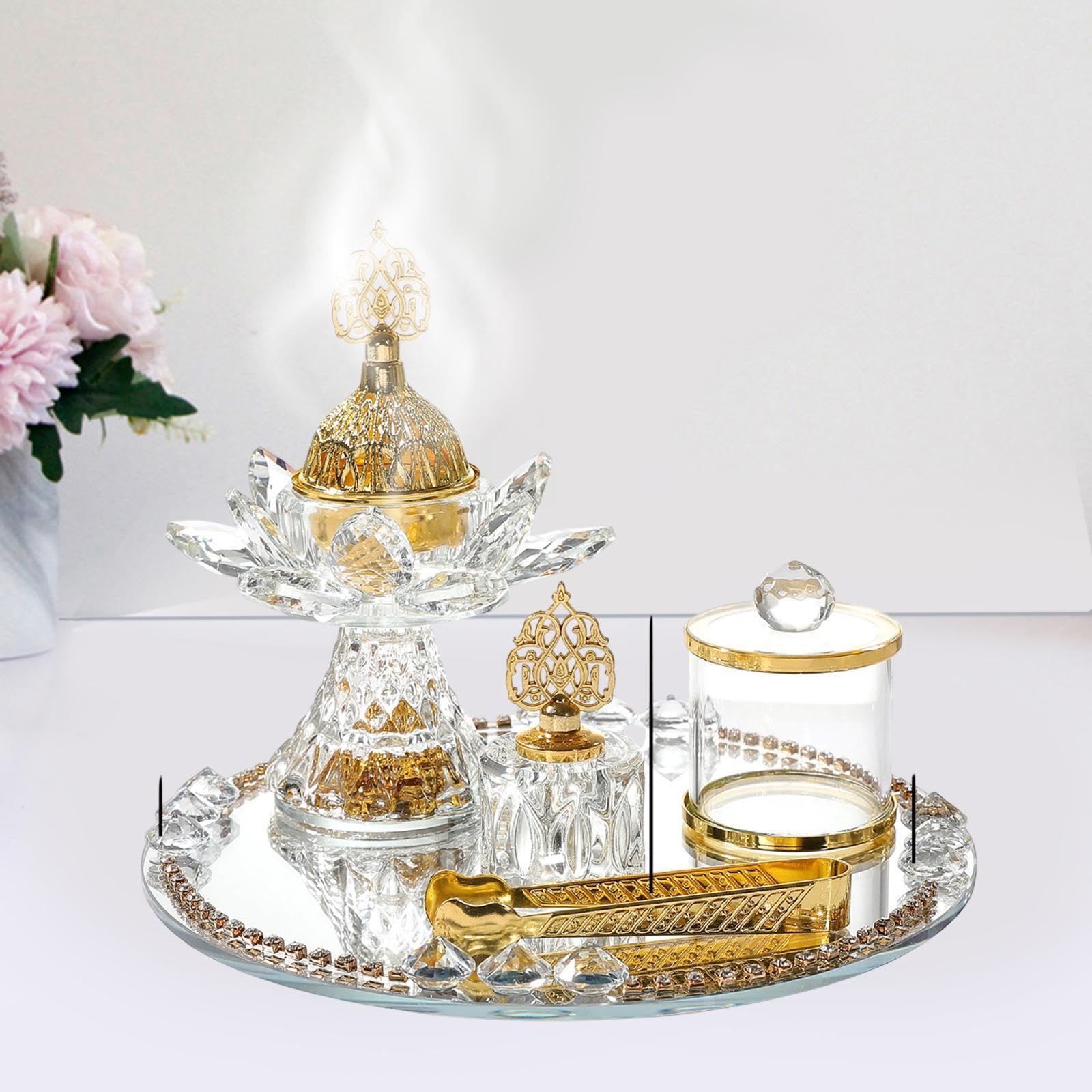 Elegante set di bruciatori di incenso in vetro, centrotavola, incensiere con vassoio, barattolo stoccaggio e pinze per meditazione, matrimonio, porta incenso arabo