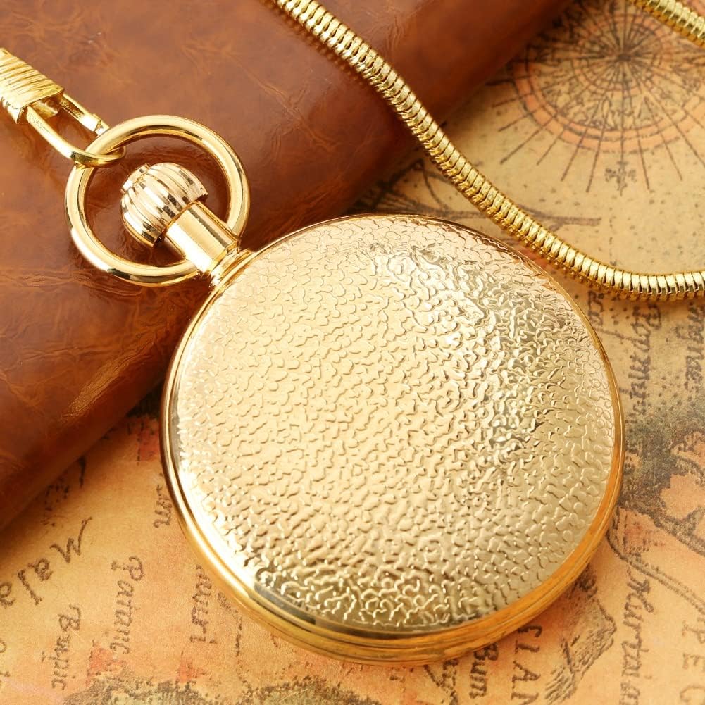 Pocket Watches for Men, Relief Golden Pocket Watch Automatic Mechanical Movement Male Arabic Numeral Dial Alloy Chain Women Thick Chain Pendant