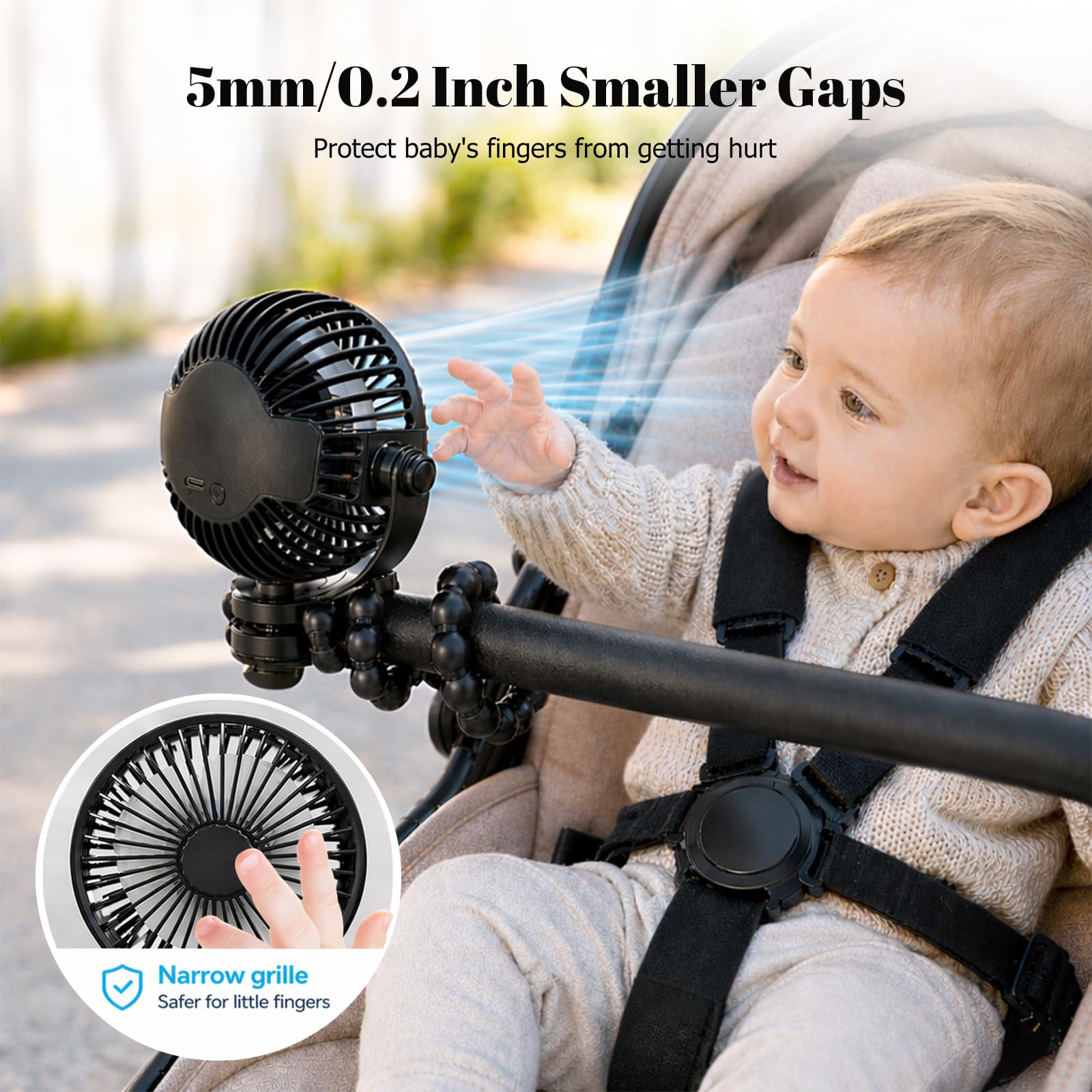 Mini ventilatore portatile USB 2000 mAh 3 velocità rotazione 360° supporto regolabile per passeggini ufficio camera da letto Nero