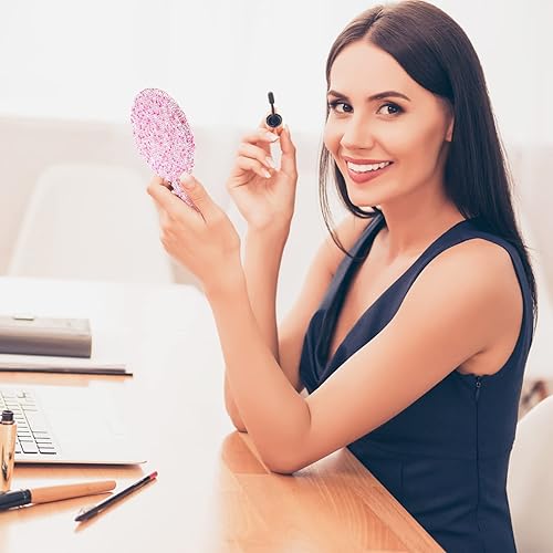 Miniatura 2 de Bucherry 2 piezas de espejo de mano con diamantes de imitación, color rosa y blanco, espejos de mano con asa con purpurina, lindo maquillaje