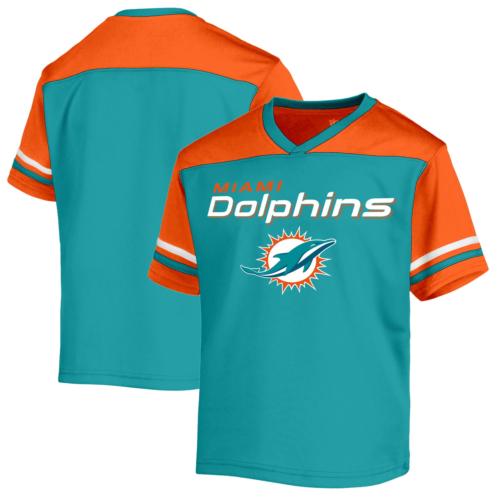 NFL Kids Youth 8-20 Officially Licensed Team Color Wordmark Primary Logo Victory Stripe V-Neck Jersey T-Shirt