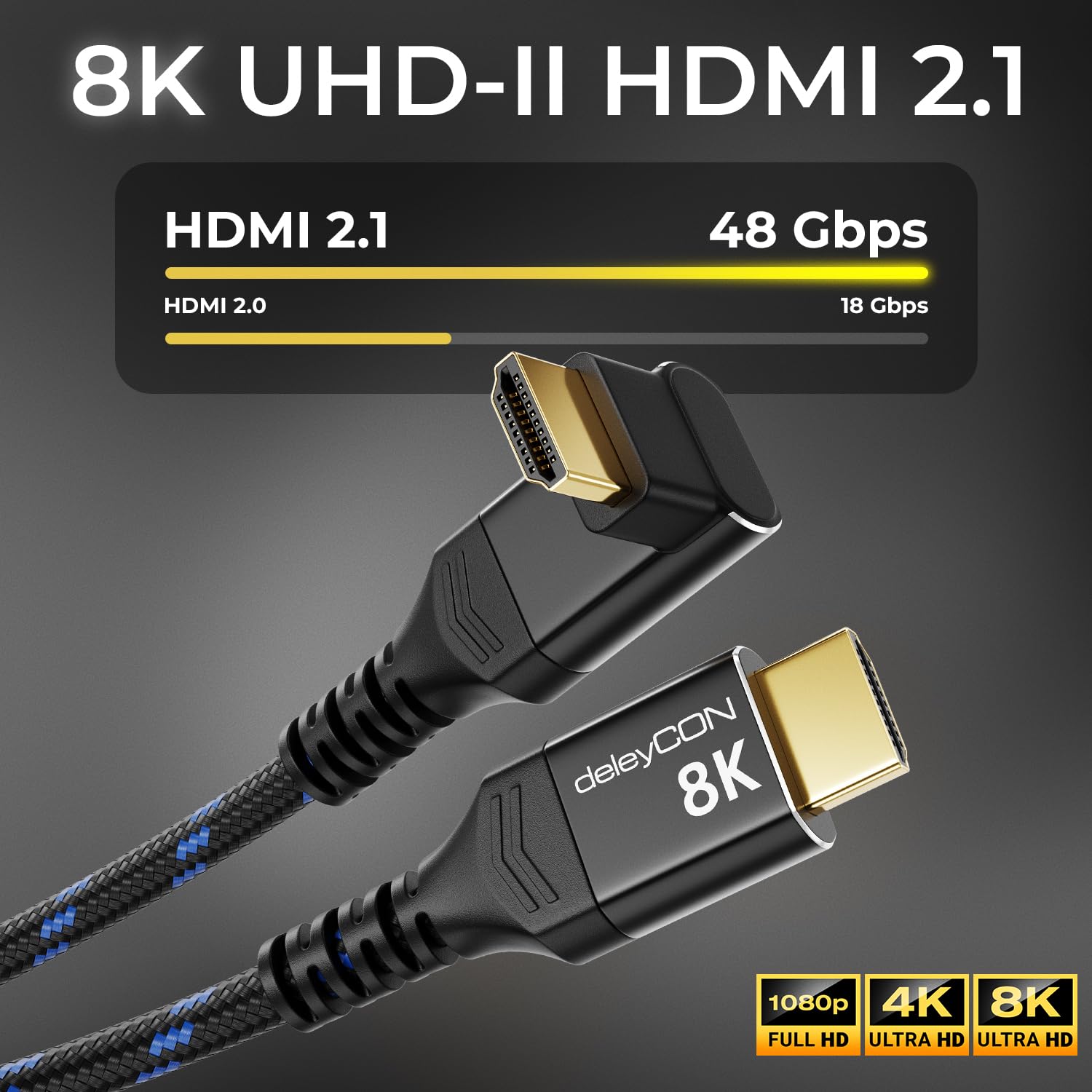 deleyCON HDMI 2.1 Cable 8K 1.5m Angled (90° Angle) for TV, Monitor, PS4, PS5, Soundbar Dolby Atmos and EARC, HDR10+ - Ultra High Speed Cable 48Gbps - 10K/8K@60Hz, 4K@120Hz/144Hz, 2K@240Hz - 4