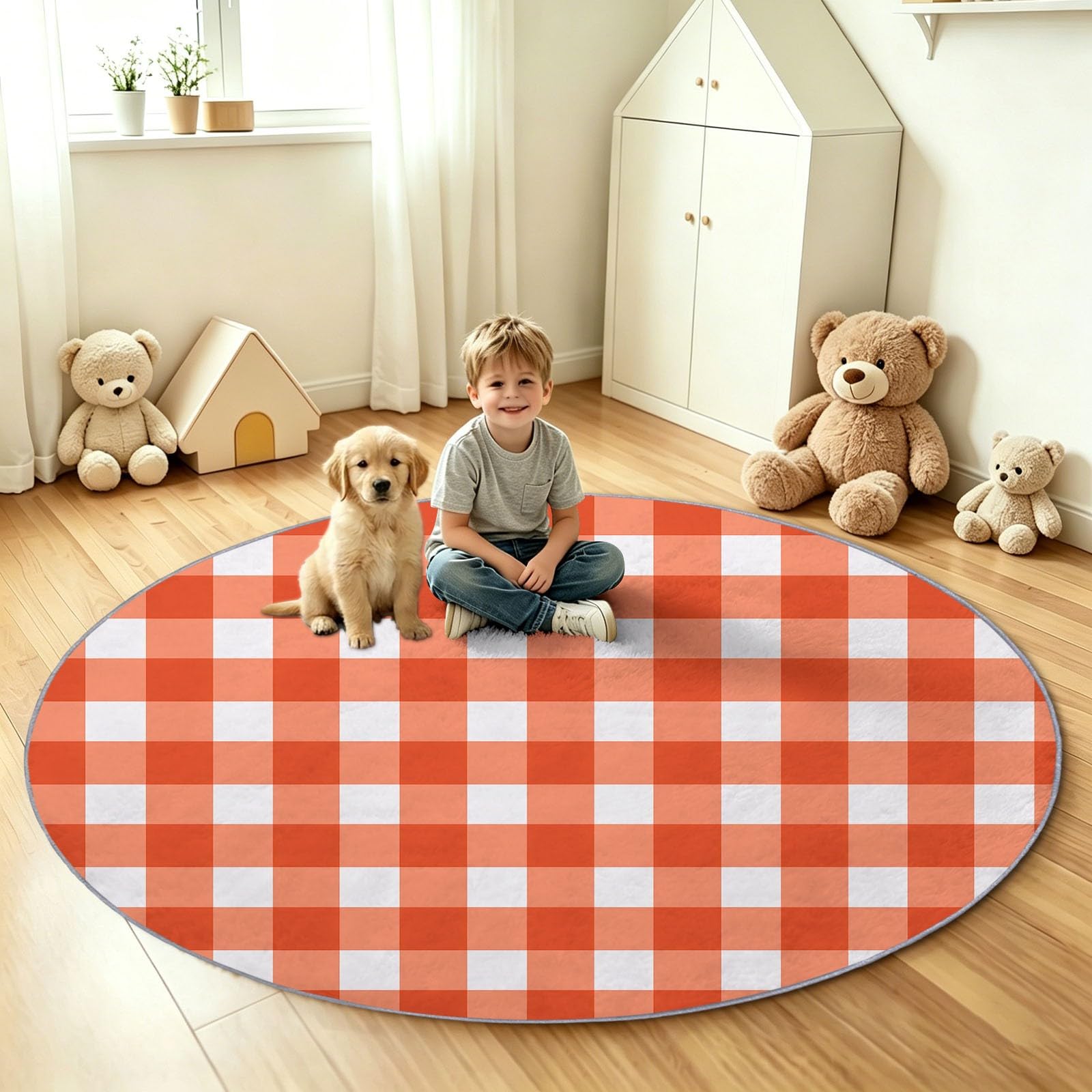 Tappeto rotondo lavabile, 60 cm, morbido, con motivo scozzese a scacchi, a pelo corto, antiscivolo, per ingresso, soggiorno, camera da letto, accanto al divano e all'ufficio (bianco)