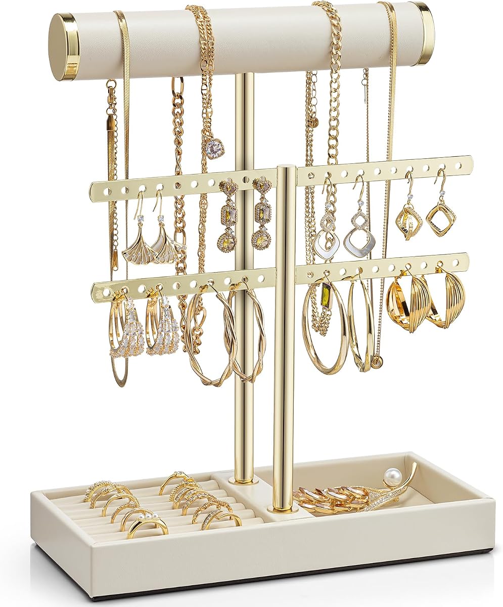 VLANDO 2 Tier Bracelet Holder Display, Leather Jewelry Holder Display for Women, Detachable Jewelry Stand for Bracelet, Necklace, Earrings, Rings - Beige