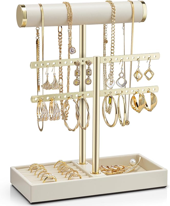 VLANDO 2 Tier Bracelet Holder Display, Leather Jewelry Holder Display for Women, Detachable Jewelry Stand for Bracelet, Necklace, Earrings, Rings - Beige