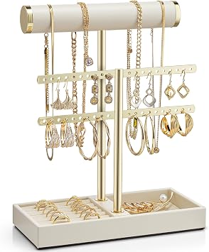 VLANDO 2 Tier Bracelet Holder Display, Leather Jewelry Holder Display for Women, Detachable Jewelry Stand for Bracelet, Necklace, Earrings, Rings - Beige