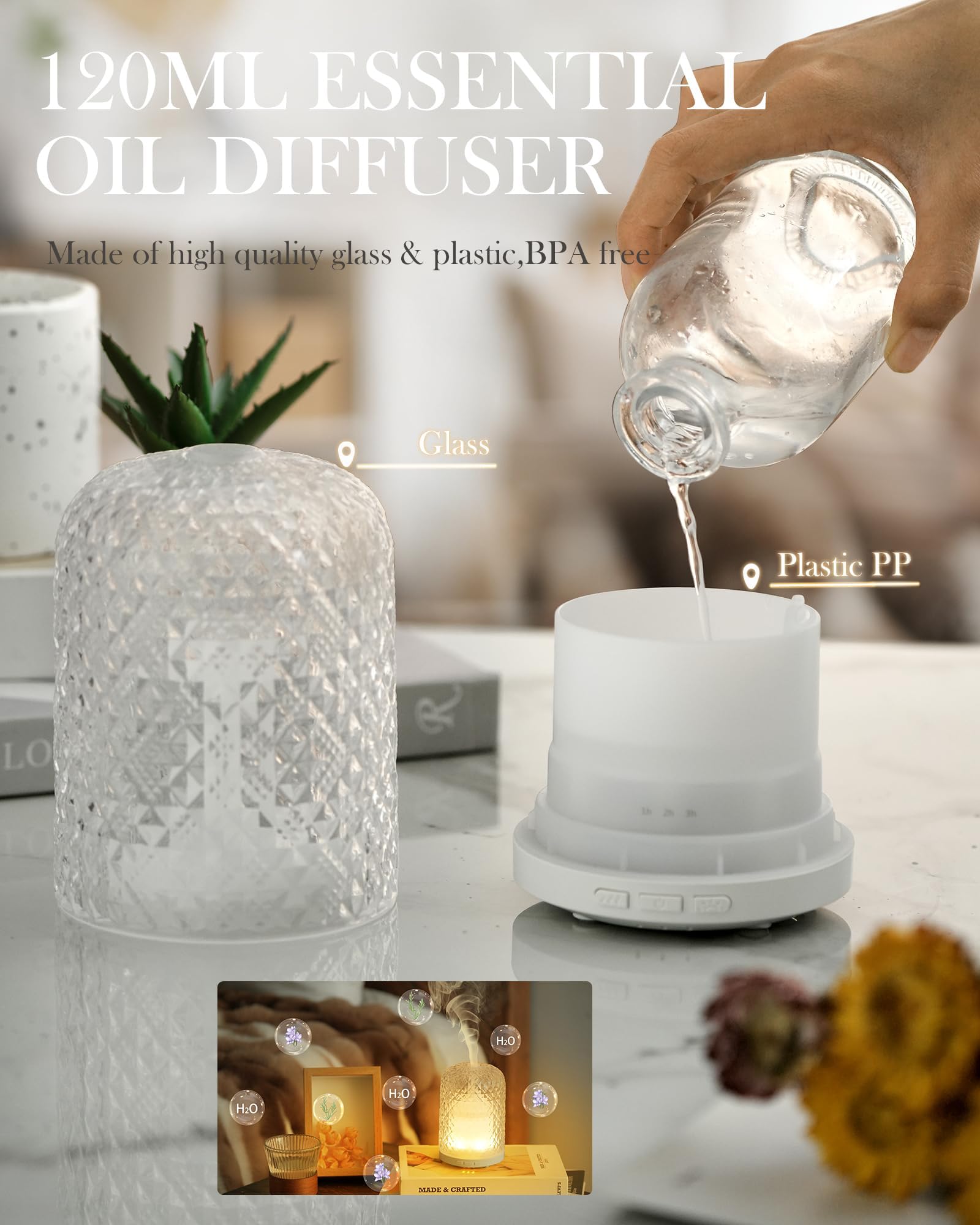 Diffusore di oli essenziali in vetro per aromaterapia, diffusore di aromi a ultrasuoni da 2,4 MHz, silenzioso, con spegnimento automatico, impostazione timer e luce calda confortevole per gli occhi