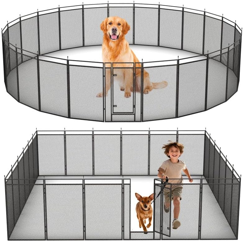 Dog Playpen with Safety Mesh, 32.11" Height 8 Panels Metal Dog Fence Indoor Outdoor, Portable Dog Kennel for Camping, Yard & RV | Black-Silver