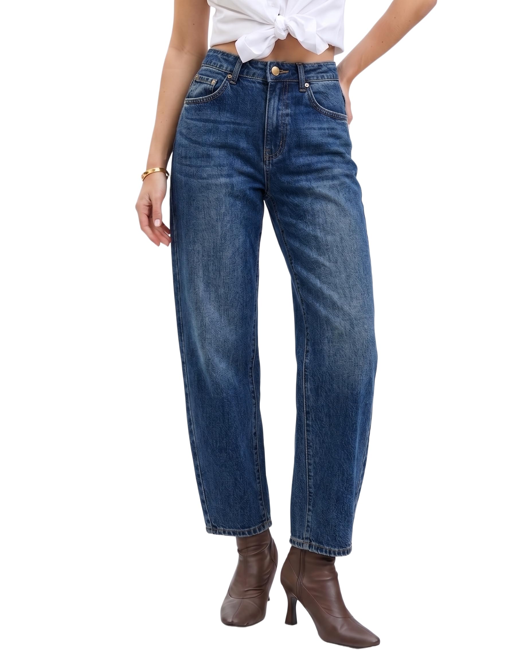 Blue Barrel Jeans for Women Mid High Waisted Baggy Stretchy Balloon