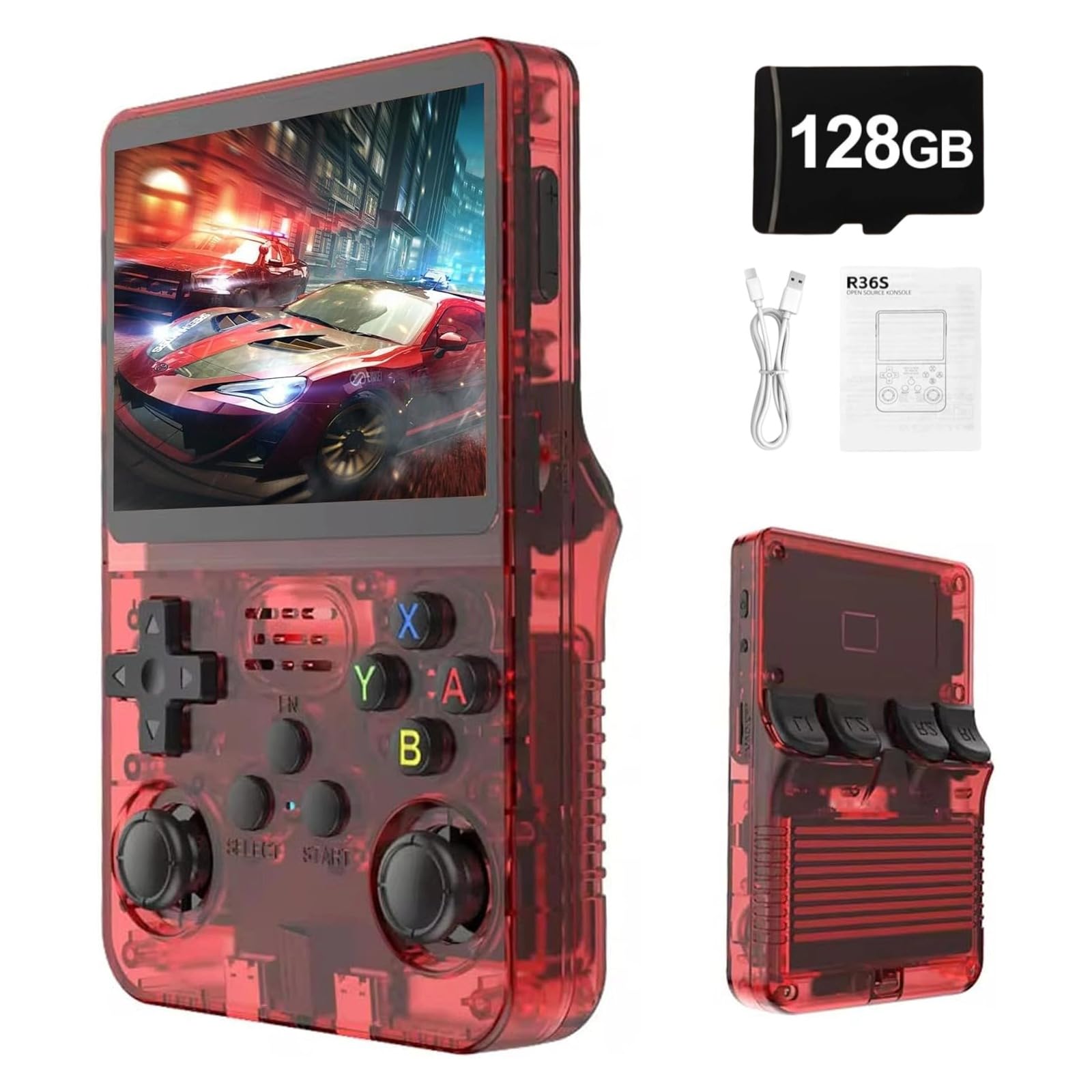 R36S – Console de jeu rétro portable avec écran IPS de 3,5 pouces, batterie 3500mAh, carte TF 128GB, plus de 20 000 jeux, système Linux open source pour adolescents et adultes, rouge