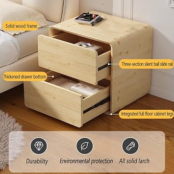 Bedside Cabinet, Solid Wood Nightstand with 2 Drawers for Bedroom Leather Finish Bedside Table Large Capacity No Assembly Required Off White 45cmx40x47cm