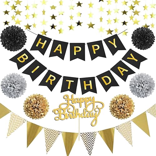Cartel de feliz cumpleaños negro dorado y 12 banderas de papel doradas con guirnaldas de papel de 13 pies en forma de estrella, suministros de