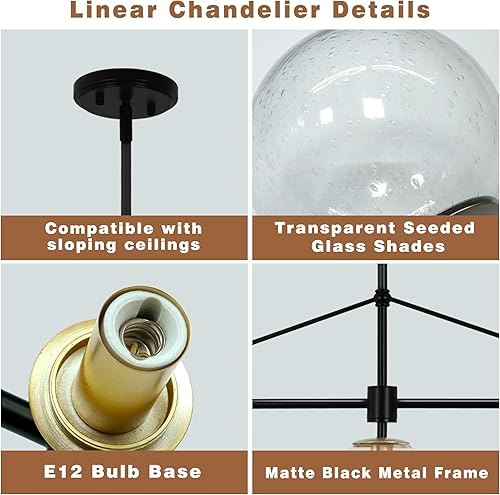 Miniatura 3 de Candelabro Lineal Moderno Negro y Dorado Lámpara de Comedor Accesorio de Iluminación Globo de Cristal Sembrado Candelabro Lineal 6 Luces para Granja