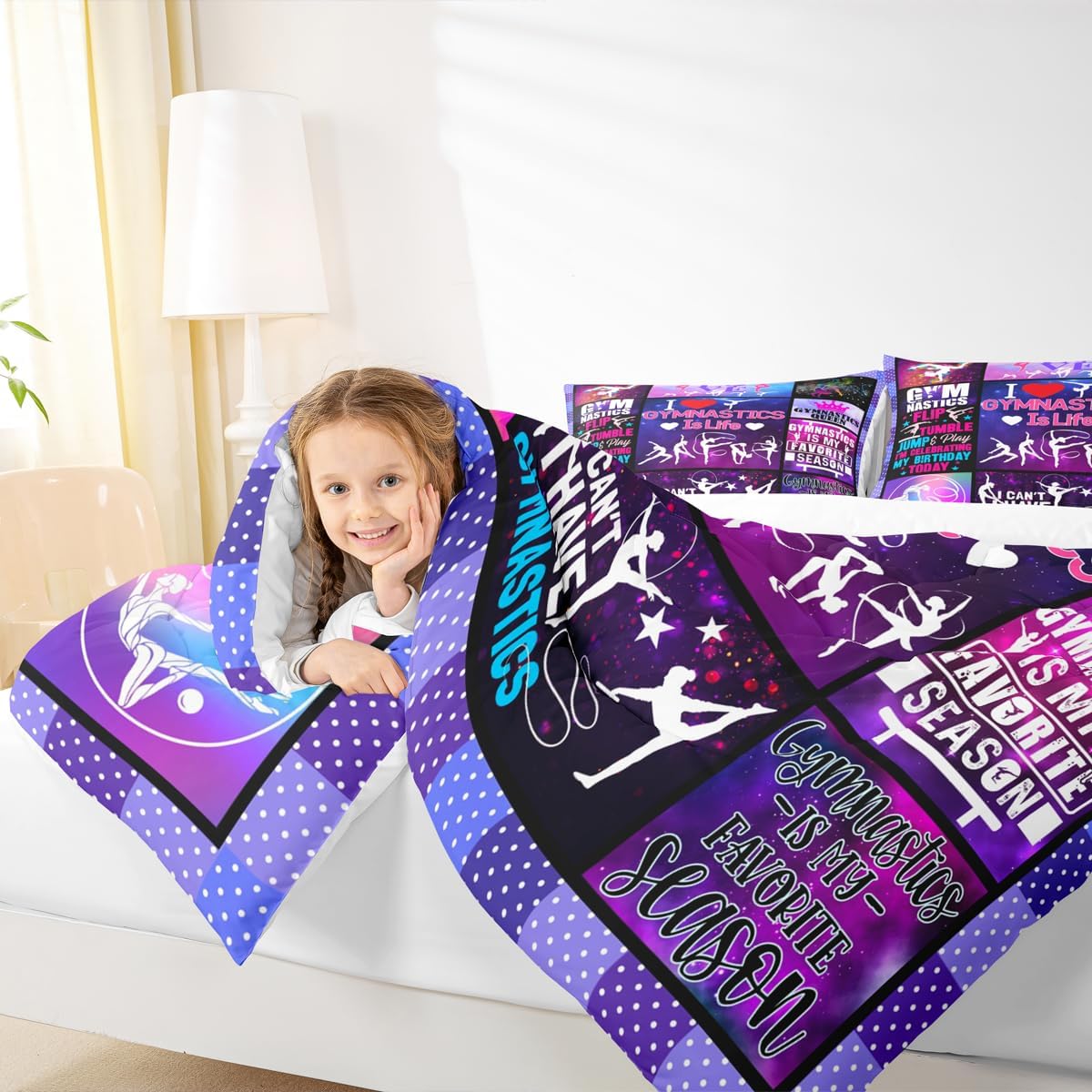 Homewish Gymnastics Lovers Girls Comforter Set Twin Size,Vivid Cheerleader Silhouette Bedding 2pcs for Kids Teens Woman Room Decor,Plaid Patchwork Quilt Set,Purple Colorful Duvet Insert,1 Pillowcase image 3