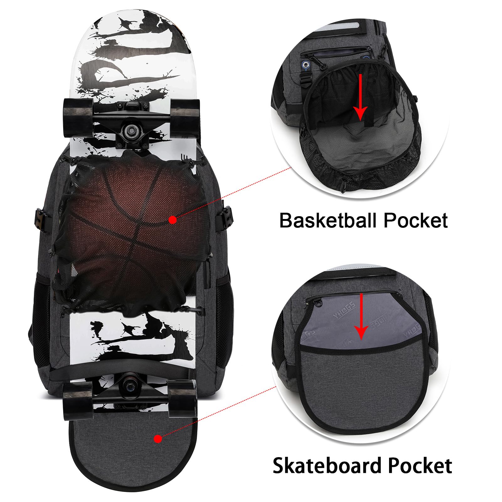 RUCYEN Sac à dos pour skateboard, ordinateur portable avec port de charge USB, convient pour ordinateur portable jusqu'à 15,6", pour les voyages, gris foncé, 15.6, Sports