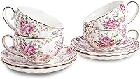 Agyiuns Floral Porcelain Tea Cups and Saucers with Hand-Painted Gold Trim - 6oz Set of 4 for Tea, Coffee, Parties & Gifts (White)