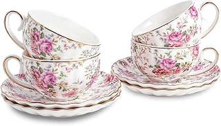 Agyiuns Floral Porcelain Tea Cups and Saucers with Gold Trim, 6oz 4-Piece Set for Tea Parties, Gifts, Home Cafe (White)