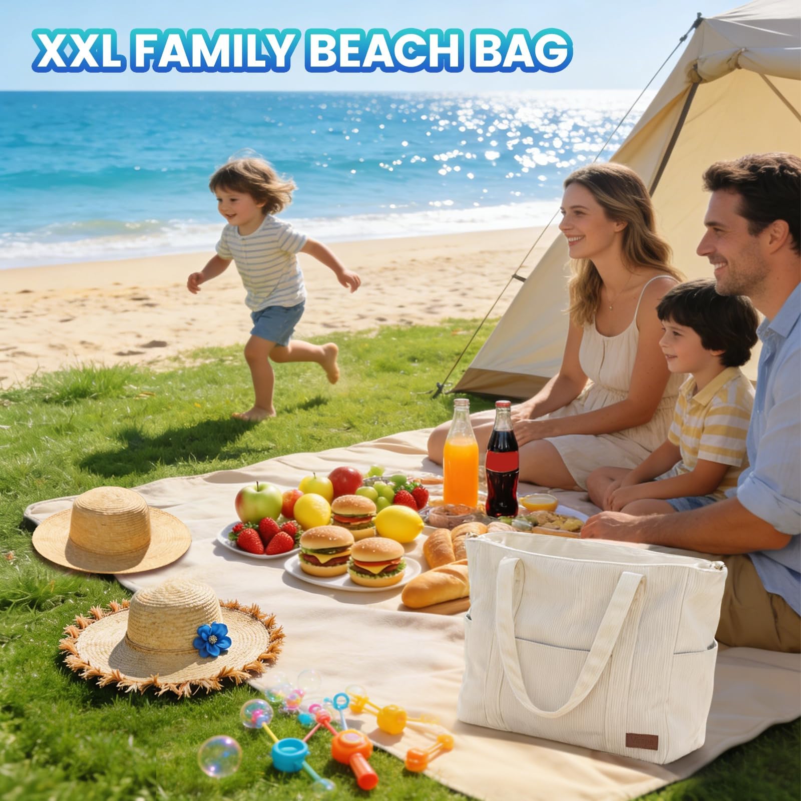 Sac de Plage XXL Famille, Imperméable avec Fermeture Éclair, Sac Multifonction Pliable Multi-Poches pour Été, Piscine et Voyage