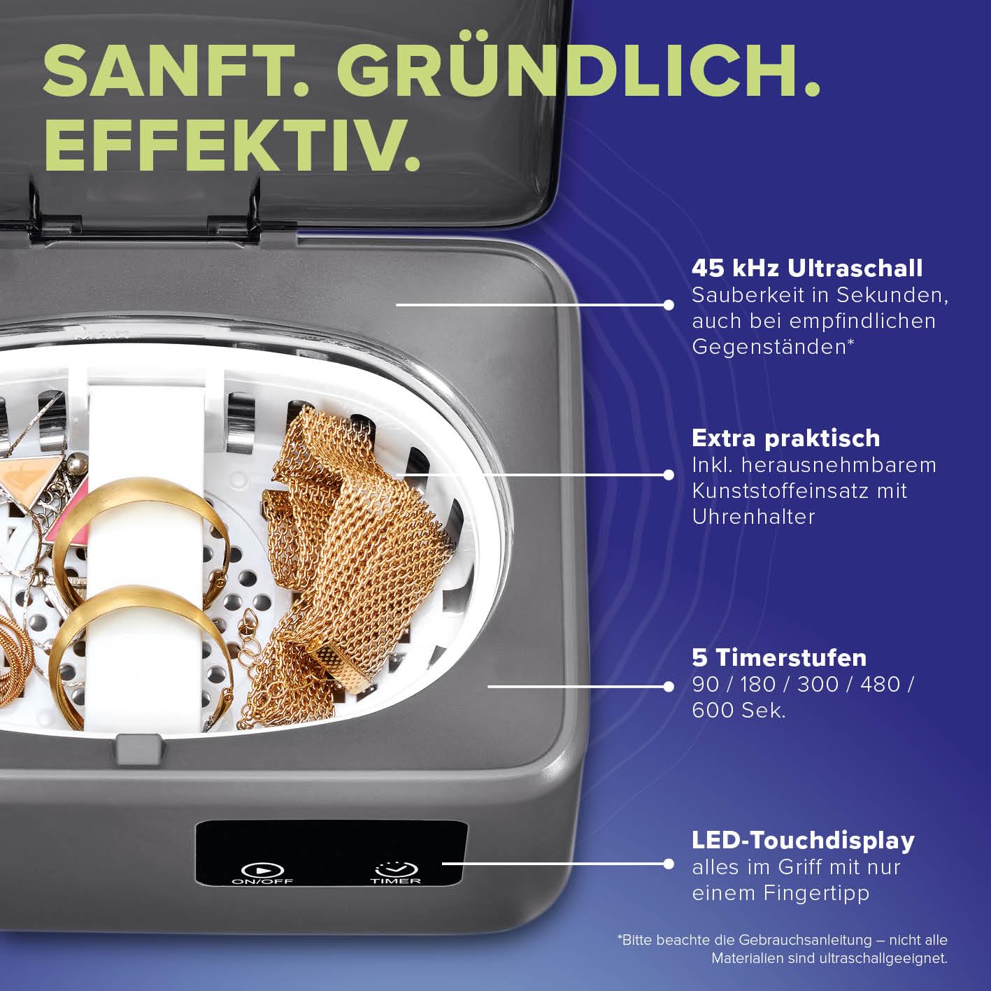 Ultraschallreinigungsgerät – moderner Ultraschallreiniger | Brillenreiniger mit LED-Touchdisplay, 45kHz, 5 Timerstufen & 600 ml Tank | ideal als Schmuckreiniger für Ketten, Ringe & Uhren