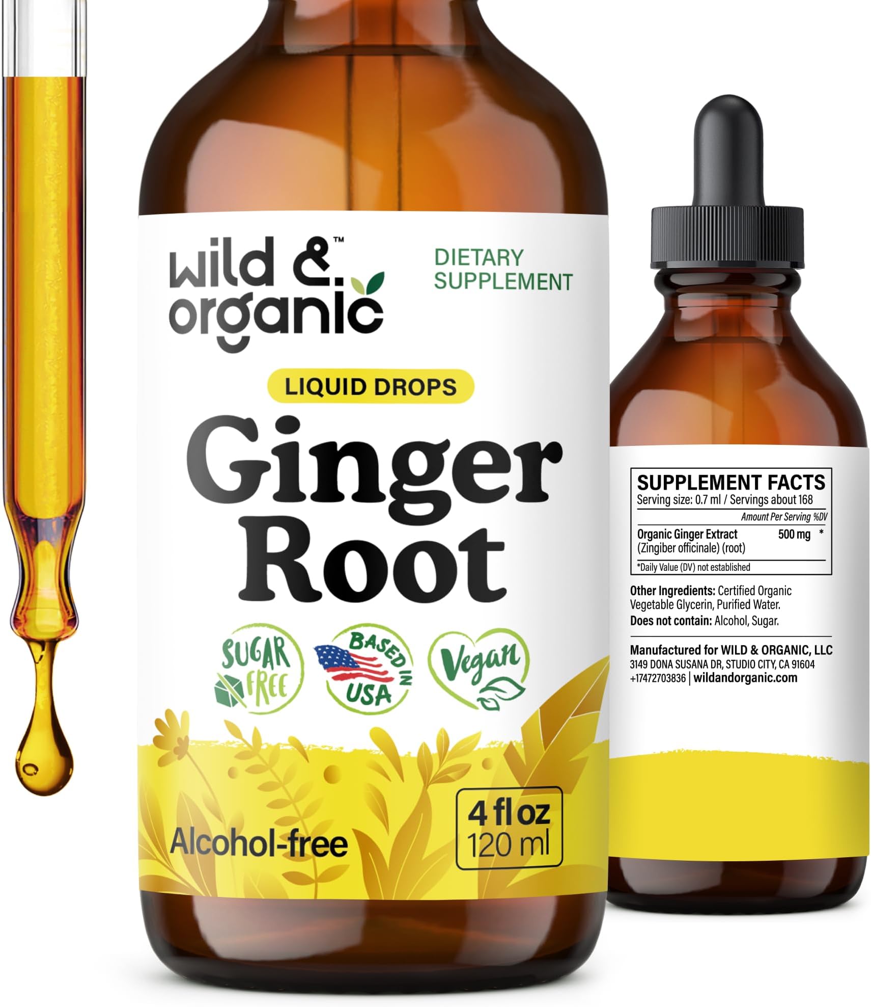 Wild & Organic Ginger Root Extract Drops - Immune & Digestive Support - Liquid Ginger Supplements - Easy to Add to Tea - Vegan, Sugar & Alcohol-Free Tincture - 4 fl oz