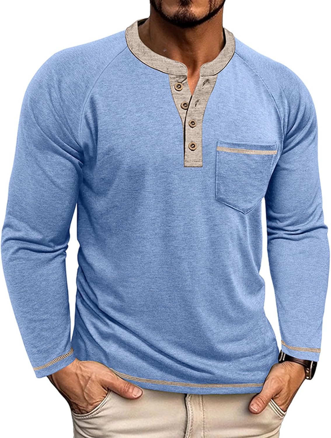 Mens Henley Shirts Long Sleeve Casual T-Shirts Basic Classic Vintage Cotton Tee Shirts Pocket Button Shirt