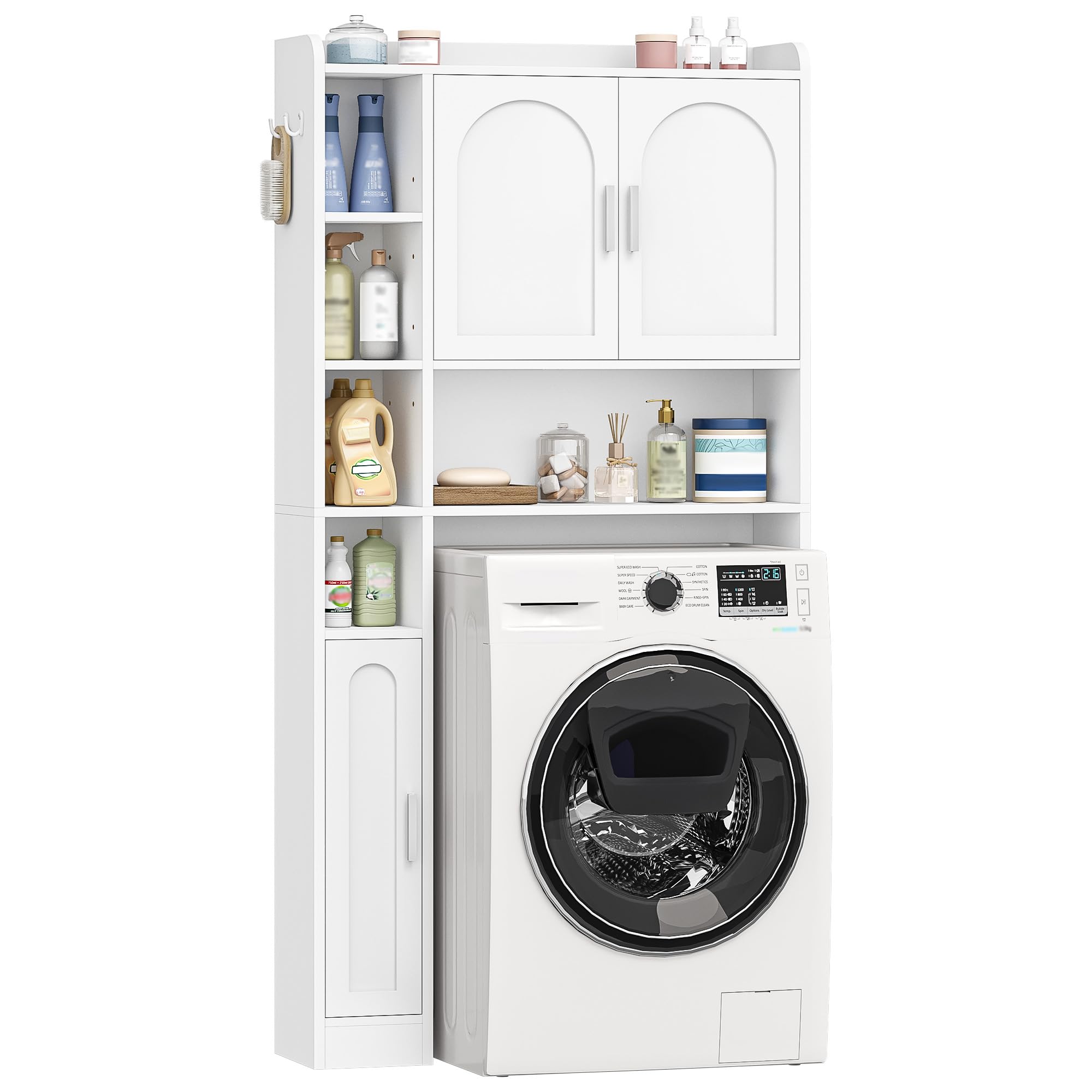 Hzuaneri Mobile Lavatrice, Ripiani Regolabili, 24 x 82 x 170 cm, ELR82003X | Mobile Sopra Lavatrice, 2 Armadietti, 5 Scomparti Aperti, Scaffale da Bagno con 3 Ante, Bianco, Stile Moderno Minimalista