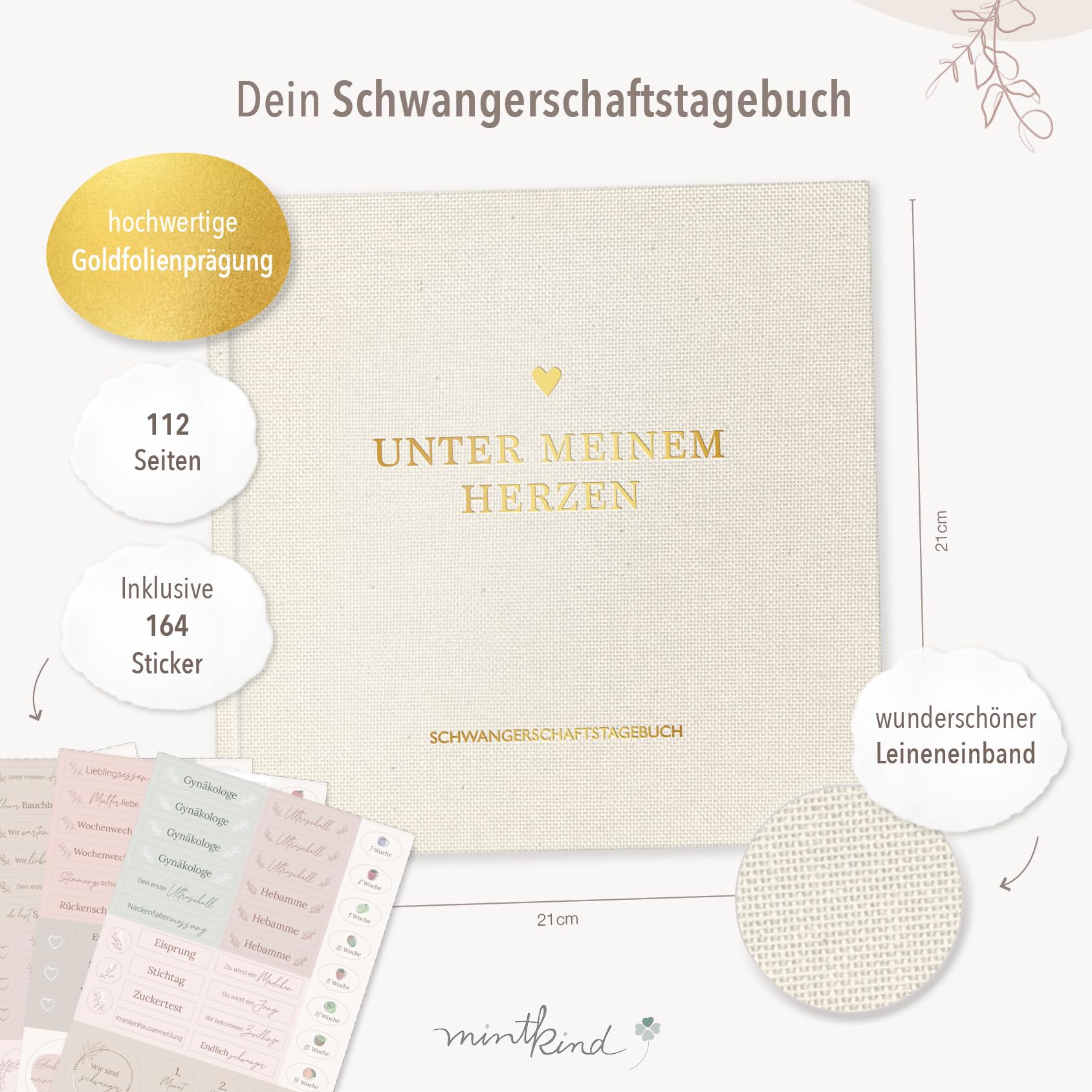 mintkind® Schwangerschaftstagebuch Leinen „Meine Schwangerschaft“ + Sticker Set I Hardcover Tagebuch zum Eintragen I Geschenk für Schwangere und werdende Mütter | Schwangerschaft Fotoalbum Baby Album
